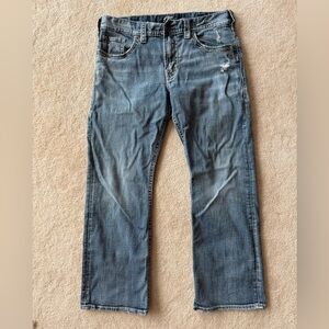 Silver Jeans “ZAC”Distressed Blue Straight Jeans